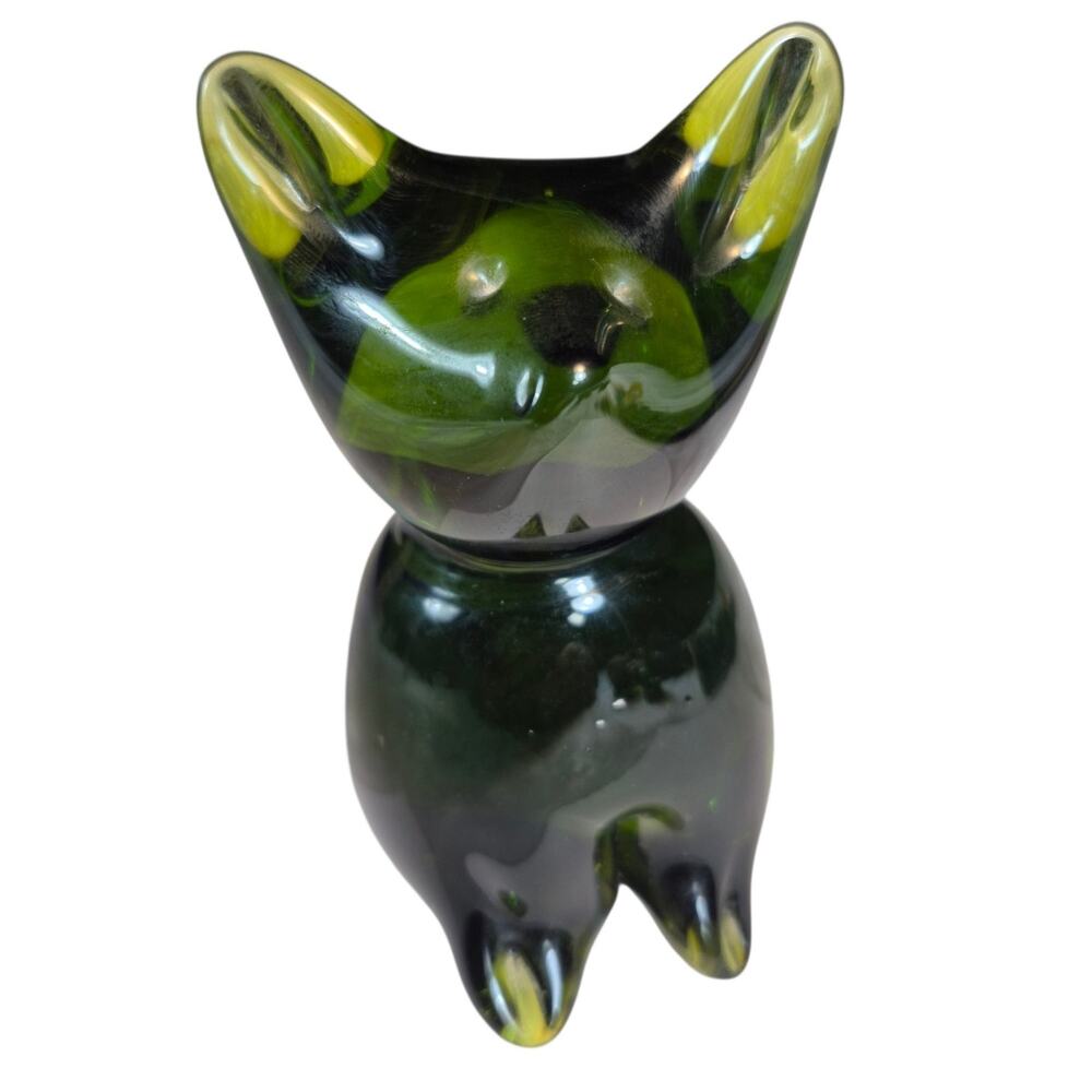Vintage Avocado Green Viking Art Glass Handblown Cat Figurine/ Paperweight Decor